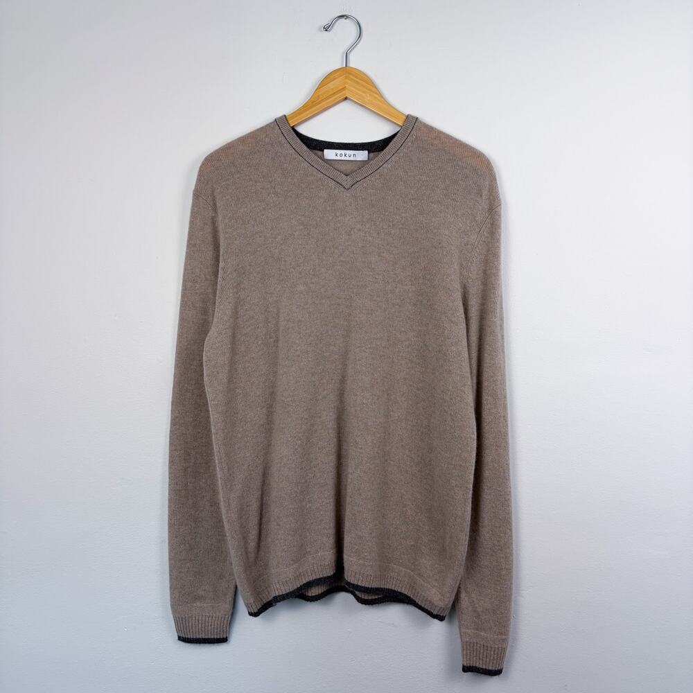 Kokun Men's 100% Cashmere V-Neck Sweater Tan Medium